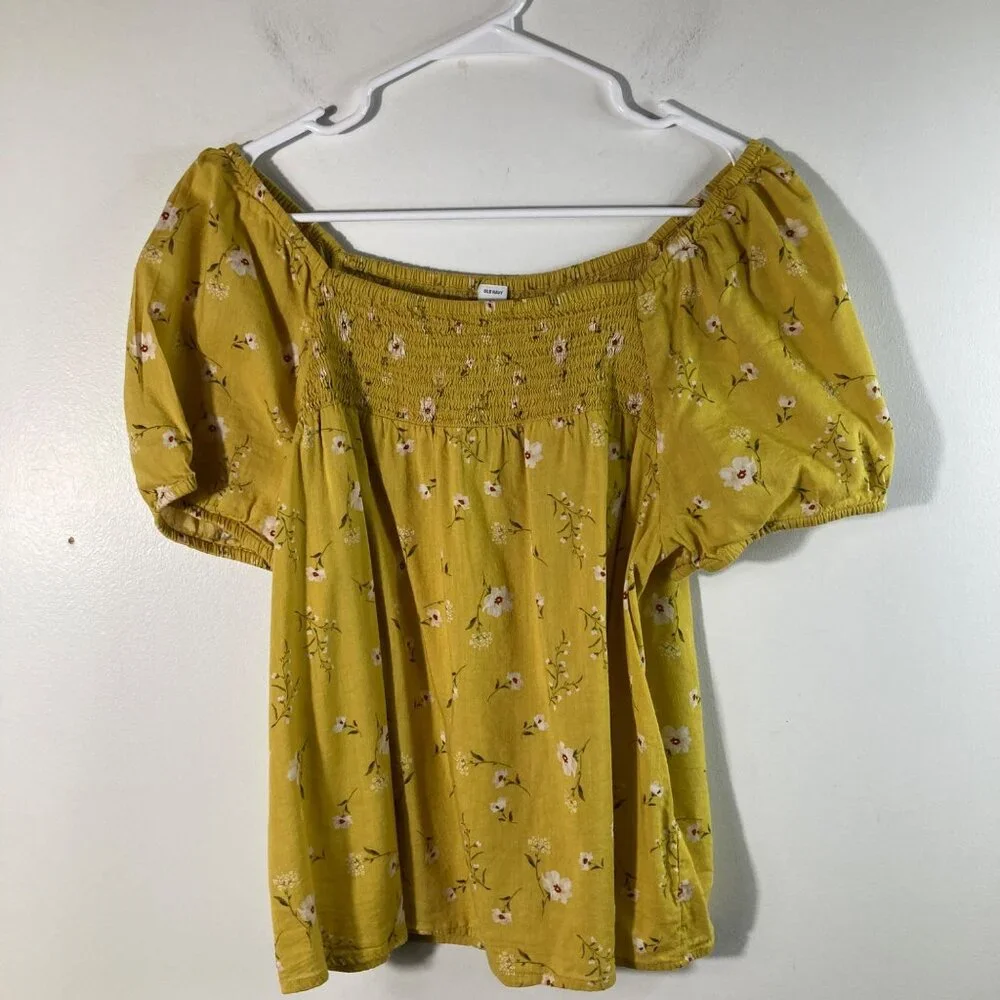 Womens Old Navy Puff Sleeve‎ Ruched Top Floral Blouse Mustard XS Cotton Rayon